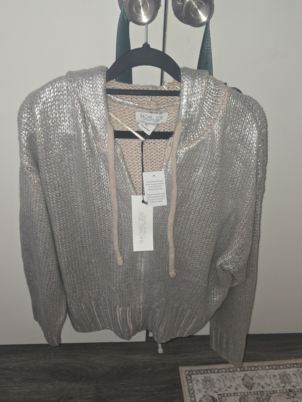 Rachel Zoe Metallic Taupe Knit Hoodie Cardigan